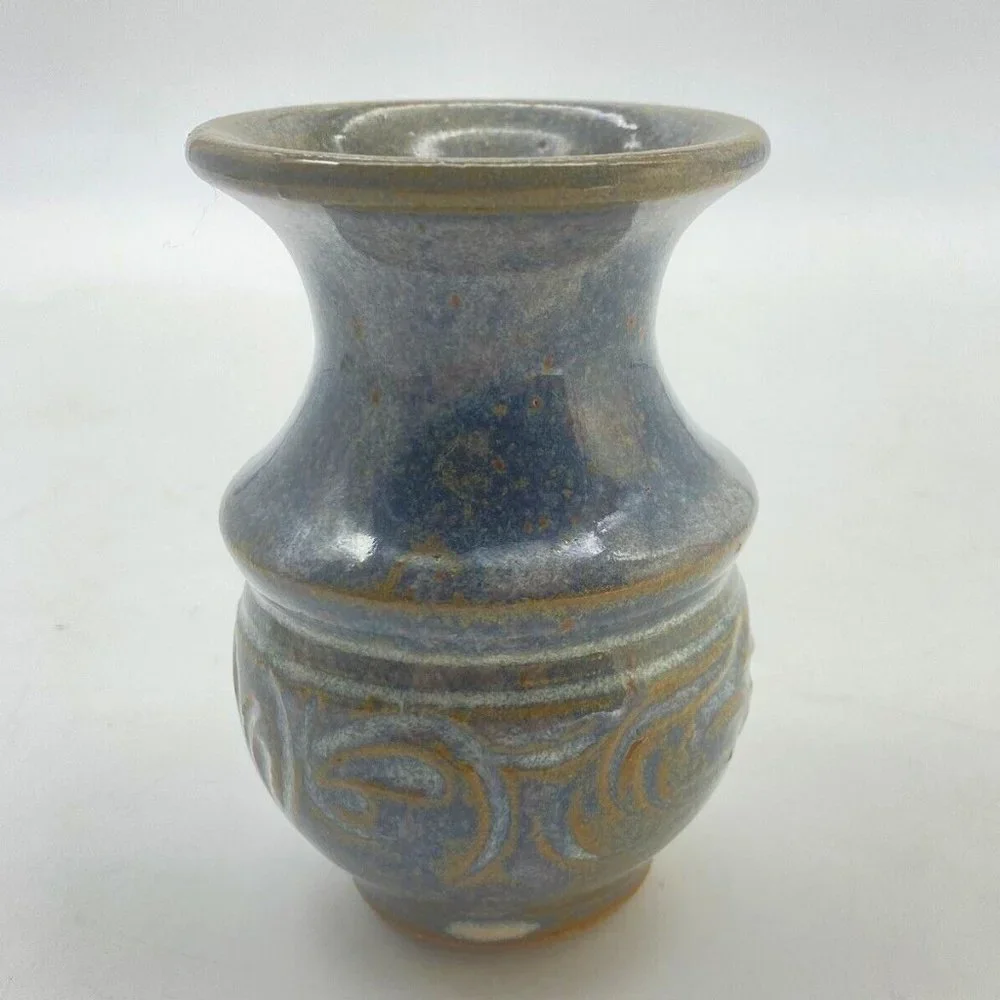 VTG Signed Studio Art Pottery Vase Blue Brown Speckled Glaze Stoneware 4.5